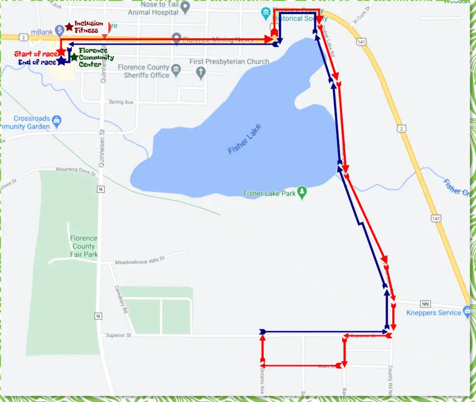 Map of race starting and ending at Florence Community Center
