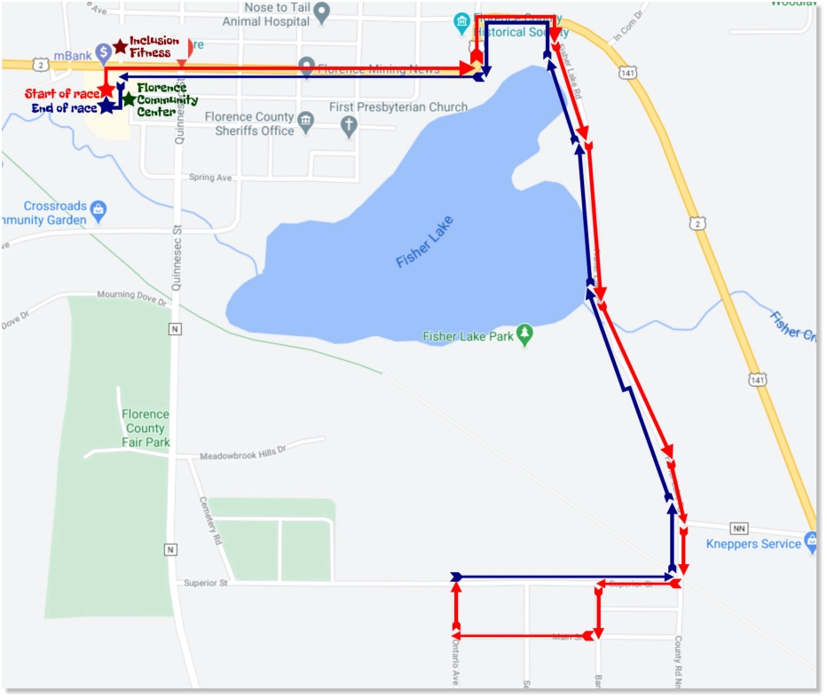 Map of race starting and ending at Florence Community Center